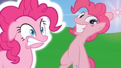 Size: 1280x720 | Tagged: safe, artist:jan, artist:pinkie rose, pinkie pie, earth pony, pony, smile hd, g4, bipedal, cloud, ears back, female, grass, gritted teeth, link in source, mare, mountain, paradox, reaction, reaction video, scared, sky, spirit bomb, teeth, thumbnail, youtube link