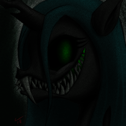 Size: 2000x2000 | Tagged: safe, artist:tunrae, queen chrysalis, changeling, changeling queen, g4, creepy, creepy smile, digital art, female, glowing mouth, high res, krita, sharp teeth, smiling, solo, static, teeth