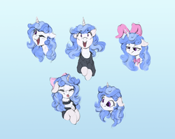 Size: 3197x2550 | Tagged: safe, artist:vanillaghosties, oc, oc only, oc:melodia, pony, unicorn, bow, bunny suit, bust, clothes, female, gift art, gradient background, high res, maid, mare, portrait, smiling, sweater, tongue out