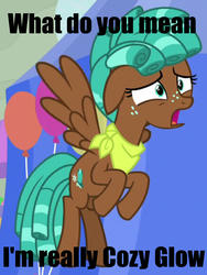 Size: 790x1048 | Tagged: safe, edit, edited screencap, screencap, cozy glow, spur, pegasus, pony, g4, growing up is hard to do, bandana, caption, cozy spur, cropped, female, filly, image macro, impact font, neckerchief, teenager, text, wings