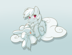 Size: 1300x1000 | Tagged: safe, artist:iloota, rainbow dash, pegasus, pony, g4, blushing, chest fluff, clothes, cloud, crossed legs, female, hoodie, looking at you, mare, pants, sitting, smiling, socks, solo