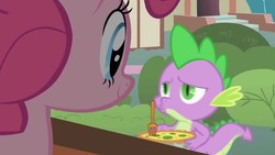 Size: 1280x720 | Tagged: safe, screencap, pinkie pie, spike, dragon, earth pony, pony, g4, owl's well that ends well, female, food, fork, male, mare, pastry, quiche
