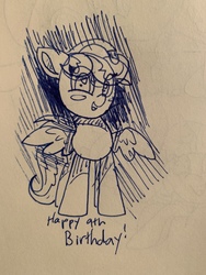 Size: 4032x3024 | Tagged: safe, artist:ostrich farts, scootaloo, pony, g4, anniversary, cute, female, happy birthday mlp:fim, looking at you, mlp fim's ninth anniversary, older, older scootaloo, scootalove, sketch, solo, spread wings, traditional art, wings