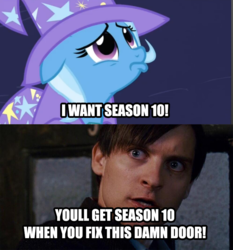 Size: 770x825 | Tagged: safe, edit, edited screencap, screencap, trixie, pony, unicorn, g4, magic duel, season 10, bully maguire, emo, female, fix this damn door, male, mare, meme, peter parker, ponified meme, sad, spider-man, spider-man 3, tobey maguire