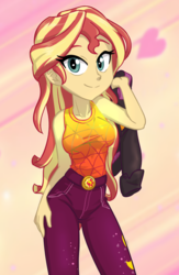 Size: 520x800 | Tagged: safe, artist:ta-na, sunset shimmer, equestria girls, equestria girls specials, g4, my little pony equestria girls: better together, my little pony equestria girls: sunset's backstage pass, clothes, cute, female, jacket, shimmerbetes, sleeveless, sliding background, smiling, smiling at you, solo