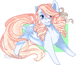 Size: 692x591 | Tagged: safe, artist:toybites, oc, oc only, oc:pivian, pegasus, pony, bow, chest fluff, drill hair, ear fluff, female, freckles, hair bow, hair over one eye, mare, ponysona, simple background, smiling, solo, transparent background