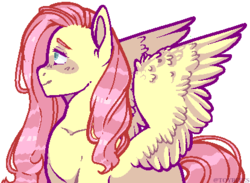 Size: 415x304 | Tagged: safe, artist:toybites, fluttershy, pegasus, pony, g4, blushing, female, mare, pixel art, simple background, smiling, solo, spread wings, transparent background, wings