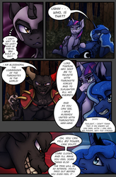 Size: 724x1103 | Tagged: safe, artist:fandomsoverfall, princess luna, twilight sparkle, oc, oc:bloodhorn, oc:fallenlight, alicorn, bull, pony, comic:curse and madness, g4, armor, comic, evil grin, female, forest, glowing horn, grin, helmet, horn, jewelry, male, mare, mlpcam, necklace, night, scowl, skull, smiling, text box, thought bubble, tree, twilight sparkle (alicorn)