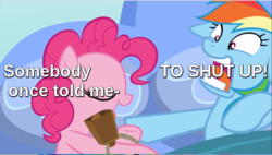 Size: 800x455 | Tagged: safe, edit, edited screencap, screencap, pinkie pie, rainbow dash, pony, g4, secrets and pies, all star (song), angry, annoying, bed, bell, cowbell, eyes closed, meme, ragebow dash, somebody once told me