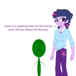 Size: 1500x1500 | Tagged: safe, artist:damaged, edit, twilight sparkle, oc, oc:anon, equestria girls, g4, 1000 hours in ms paint, dialogue, dusk shine, equestria guys, op is a duck, rule 63