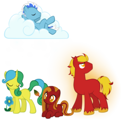 Size: 3713x3697 | Tagged: safe, artist:petraea, oc, oc only, oc:autumn, oc:fleur, oc:frost, oc:inferno, earth pony, pegasus, pony, unicorn, cloud, female, flower, high res, male, mare, prone, simple background, stallion, transparent background, vector