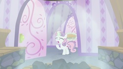 Size: 1920x1080 | Tagged: safe, screencap, sweetie belle, pony, unicorn, g4, the big mac question, female, food, glowing horn, horn, magic, pie, solo, steam, telekinesis