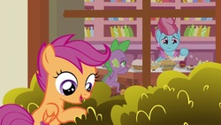 Size: 1920x1080 | Tagged: safe, screencap, cup cake, scootaloo, spike, dragon, earth pony, pegasus, pony, g4, the big mac question, apple, batter, cute, cutealoo, female, filly, folded wings, food, male, mare, pie, smiling, window, winged spike, wings