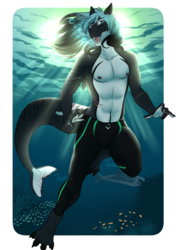 Size: 1369x1870 | Tagged: safe, artist:blackblood-queen, oc, oc only, oc:mako, fish, orca, orca pony, original species, anthro, digitigrade anthro, abs, anthro oc, biceps, body markings, claws, clothes, commission, fangs, gradient mane, handsome, happy trail, male, male nipples, muscles, nipples, nudity, partial nudity, paws, pecs, pubic hair, scar, sexy, sharp teeth, slit pupils, solo, stallion, swimming, swimming trunks, tail fin, teeth, topless, underwater