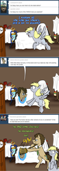 Size: 780x2255 | Tagged: safe, artist:jitterbugjive, derpy hooves, doctor whooves, time turner, earth pony, pegasus, pony, lovestruck derpy, g4, bed, clothes, counterparts, crossover, doctor who, doctor whooves is not amused, female, fez, fourth doctor's scarf, hat, male, mare, multiverse, now you're thinking with portals, portal, portal (valve), scarf, seventh doctor's umbrella, stallion, striped scarf, the doctor