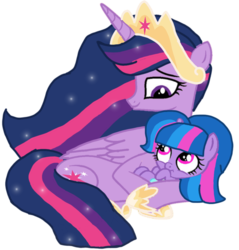 Size: 1033x1080 | Tagged: safe, artist:徐詩珮, twilight sparkle, oc, oc:sparkle rain, alicorn, pony, unicorn, g4, the last problem, baby, baby pony, base used, crown, duo, female, filly, jewelry, magical lesbian spawn, mama twilight, mare, mother and daughter, next generation, offspring, older, older twilight, older twilight sparkle (alicorn), parent:spring rain, parent:twilight sparkle, parents:springlight, princess twilight 2.0, regalia, simple background, transparent background, twilight sparkle (alicorn)