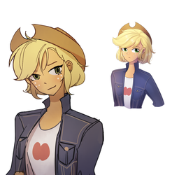 Size: 1500x1527 | Tagged: safe, artist:tcn1205, applejack, human, equestria girls, g4, alternate hairstyle, clothes, cowboy hat, female, hat, jacket, redraw, shirt, short hair, simple background, solo, stetson, tomboy
