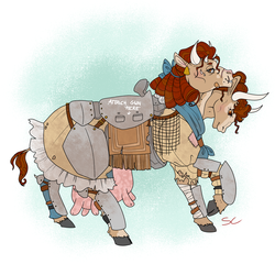 Size: 2000x2000 | Tagged: safe, artist:sourcherry, oc, oc only, oc:nameless, brahmin, cow, pony, fallout equestria, armor, clothes, cloven hooves, crotchboobs, curly hair, fallout, female, high res, horns, multiple heads, nudity, ribbon, scar, scarf, skirt, solo, teats, two heads, udder, wasteland ventures