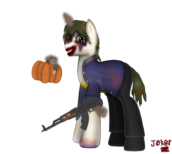 Size: 1529x1372 | Tagged: safe, artist:99999999000, pony, unicorn, ak-47, assault rifle, clothes, dc comics, gun, knife, looking at you, ponified, pumpkin, rifle, solo, the joker, weapon
