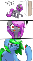 Size: 1111x2052 | Tagged: safe, artist:fluor1te, oc, oc:avocado pone, oc:fluorite, earth pony, pony, unicorn, comic, crayon, dialogue, eating, exclamation point, female, glasses, mare, open mouth, scrunchy face, simple background, surprised, white background