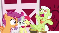 Size: 1920x1080 | Tagged: safe, screencap, apple bloom, granny smith, scootaloo, sweetie belle, earth pony, pegasus, pony, unicorn, g4, the big mac question, apple bloom's bow, bow, bucket, clothes, cutie mark crusaders, faic, female, filly, granny smith's shawl, great moments in animation, hair bow, magic, mare, rocking chair, sweet apple acres, sweet apple acres barn, wat