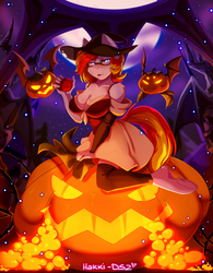 Size: 2457x3145 | Tagged: safe, artist:hakkids2, oc, oc:alter ego, earth pony, anthro, clothes, full moon, glasses, high res, moon, night, pumpkin, stars, witch, ych result