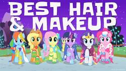 Size: 800x450 | Tagged: safe, edit, edited screencap, screencap, applejack, fluttershy, pinkie pie, rainbow dash, rarity, twilight sparkle, pony, g4, official, the best night ever, at the gala, best hair and makeup, clothes, dress, gala dress, mane six