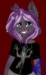 Size: 540x884 | Tagged: safe, artist:diethtwoo, oc, oc only, oc:luscious dreams, alien, pegasus, xenomorph, anthro, alien (franchise), anthro oc, blue eyes, blushing, clothes, female, grin, mare, purple hair, shirt, smiling, solo