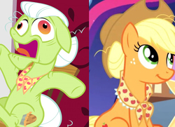 Size: 523x378 | Tagged: safe, edit, edited screencap, screencap, applejack, granny smith, scootaloo, sweetie belle, earth pony, pony, g4, the big mac question, the last problem, applejack's hat, clothes, cowboy hat, cropped, faic, granny smith's shawl, hat, implied death, lowres, older, older applejack, ponyville, sitting, smiling, the magic of friendship grows