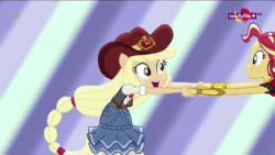 Size: 800x450 | Tagged: safe, screencap, applejack, sunset shimmer, equestria girls, equestria girls specials, g4, my little pony equestria girls: dance magic, animated, clothes, cowboy hat, cute, dancing, dress, female, flamenco dress, gif, hat, holding hands, looking at each other, ponied up, shipping fuel, sunset shimmer flamenco dress, teletoon