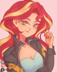 Size: 1280x1621 | Tagged: safe, artist:stasikkarasik, sunset shimmer, equestria girls, g4, breasts, bust, cleavage, cute, deviantart, female, looking at you, patreon, patreon logo, pink background, shimmerbetes, simple background, smiling, solo, vk