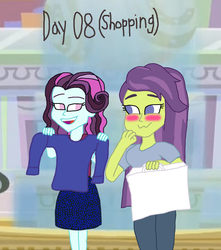 Size: 1500x1697 | Tagged: safe, artist:ktd1993, principal abacus cinch, victoria, equestria girls, g4, 30 day otp challenge, 8, blushing, cinchtoria, clothes, female, lesbian, mall, sweater
