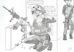 Size: 3480x2462 | Tagged: safe, artist:cypisek95, oc, oc only, earth pony, pegasus, anthro, assault rifle, black and white, comic, grayscale, gritted teeth, gun, high res, hooves, male, monochrome, open mouth, rifle, traditional art, weapon, wings