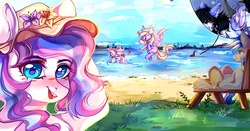Size: 3898x2048 | Tagged: safe, artist:crybaby, oc, oc only, oc:bay breeze, oc:cloud zapper, oc:demure breeze, oc:mirabelle, oc:mitzy, bat pony, pegasus, pony, shark, unicorn, beach, blushing, bow, cute, female, hair bow, hat, high res, male, mare, selfie, stallion, swimming, tail bow
