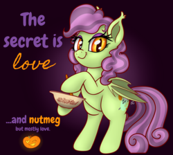 Size: 3053x2735 | Tagged: safe, artist:xchan, oc, oc only, oc:spooky treats, bat pony, ghost, pony, baking, bat pony oc, bowl, cute, heart eyes, high res, mixing, mixing bowl, one eye closed, pumpkin, rearing, simple background, solo, stirring, text, wingding eyes, wink