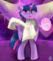 Size: 1920x2200 | Tagged: safe, artist:rainbow eevee, twilight sparkle, alicorn, pony, g4, adorkable, banner, bipedal, blushing, clothes, contest, cute, dork, female, folded wings, hug, looking at you, oversized clothes, sexy, solo, sparkles, stage, sweater, twilight sparkle (alicorn), wings