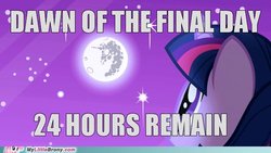 Size: 500x281 | Tagged: safe, edit, edited screencap, screencap, twilight sparkle, pony, unicorn, friendship is magic, g4, season 1, caption, dawn of the final day, end of ponies, image macro, impact font, mare in the moon, moon, my little brony, text, the legend of zelda, the legend of zelda: majora's mask, unicorn twilight, watermark
