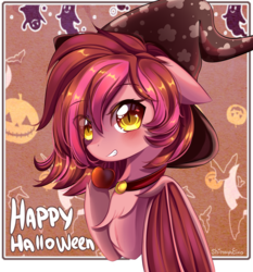 Size: 2500x2680 | Tagged: safe, artist:shimayaeiko, oc, oc only, oc:velvet silverwing, bat pony, pony, apple, clothes, collar, cute, female, food, halloween, hat, high res, holiday, solo, text, witch hat