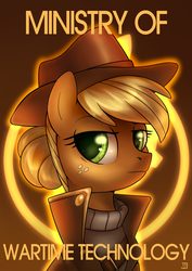 Size: 1754x2480 | Tagged: safe, artist:jedayskayvoker, part of a set, applejack, earth pony, pony, fallout equestria, g4, alternate hairstyle, bust, clothes, coat, cowboy hat, fanfic, fanfic art, female, hat, hooves, mare, ministry mares, ministry of wartime technology, portrait, poster, solo