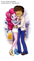 Size: 684x1192 | Tagged: safe, artist:twilite-sparkleplz, pinkie pie, oc, oc:copper plume, human, equestria girls, g4, canon x oc, clothes, commission, commissioner:imperfectxiii, copperpie, female, imminent kissing, male, one eye closed, shipping, straight