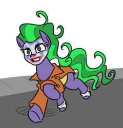 Size: 740x772 | Tagged: safe, artist:jargon scott, mane-iac, earth pony, pony, g4, clothes, female, mare, prison outfit, running, solo, spats, the joker