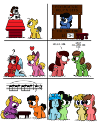 Size: 1068x1392 | Tagged: safe, artist:vgc2001, dragon, earth pony, pegasus, pony, unicorn, aviator goggles, aviator hat, blanket, charlie brown, clothes, colt, doghouse, dragonified, eudora, female, filly, franklin (peanuts), freckles, glasses, hat, heart, helmet, linus van pelt, lucy van pelt, lucy's advice booth, male, marcie, musical instrument, patty (peanuts), peanuts, pentagram, peppermint patty, piano, ponified, psychiatric help stand, question mark, reference, sally brown, scarf, schroeder, shermy, simple background, snoopy, sopwith camel, species swap, toy piano, violet (peanuts), white background, ww1 flying ace