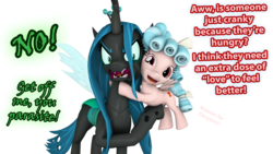 Size: 1920x1080 | Tagged: safe, artist:pika-robo, cozy glow, queen chrysalis, changeling, changeling queen, pegasus, pony, g4, 3d, angry, cozybetes, cute, cutealis, denied, dialogue, duo, duo female, female, filly, flying, foal, friendshipping, green text, hape, hug, hugs for bugs, madorable, mare, no, not shipping, pink text, rejection, simple background, source filmmaker, transparent background