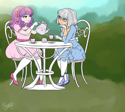 Size: 5000x4500 | Tagged: safe, artist:chango-tan, silver spoon, sweetie belle, human, g4, alternate hairstyle, chair, clothes, dress, food, glasses, gloves, humanized, makeup, older, older silver spoon, older sweetie belle, short hair, signature, table, tea, teapot