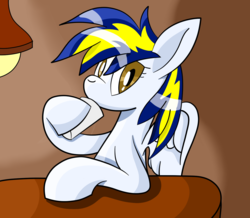 Size: 1226x1069 | Tagged: safe, artist:notadeliciouspotato, oc, oc only, oc:huracata, pegasus, pony, coffee mug, female, hoof hold, light, mare, mug, sipping, solo, spread wings, table, wings