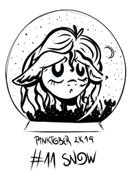 Size: 2220x2888 | Tagged: safe, artist:coco-drillo, pinkie pie, earth pony, pony, g4, bust, city, despair, desperate, ear fluff, female, floppy ears, high res, inktober, monochrome, pinktober, sad, snow, snow globe, solo, wet mane