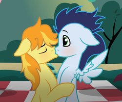Size: 1000x830 | Tagged: dead source, safe, artist:missxxfofa123, artist:vector-brony, braeburn, soarin', earth pony, pegasus, pony, g4, blanket, blushing, duo, eyes closed, gay, kiss on the lips, kissing, male, picnic, picnic blanket, ship:soarburn, shipping, spread wings, stallion, tree, wingboner, wings