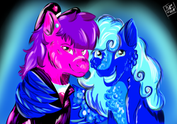 Size: 3000x2100 | Tagged: safe, artist:euspuche, oc, oc only, oc:mónica, oc:verónica lis, earth pony, pegasus, pony, duo, high res, looking at you, neon, police, smiling