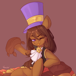 Size: 2000x2000 | Tagged: safe, artist:neonishe, oc, oc only, earth pony, pony, :p, a hat in time, commission, hat, high res, hoof hold, one eye closed, pillow, sitting, solo, tongue out, top hat, wink