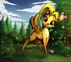 Size: 2660x2322 | Tagged: safe, artist:hitbass, oc, oc:windy leaves, butterfly, deer, insect, ladybug, original species, peryton, chibi, collaboration, deer oc, forest, high res, leaves, pale belly, pointy legs